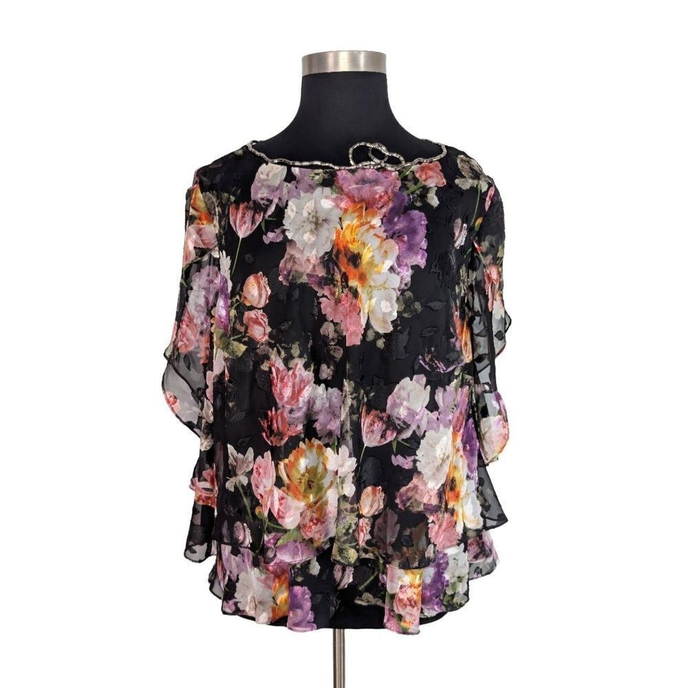 Alex Evenings 3X Black Purple Floral Top Short Sleeve Elegant Whimsy Fairy - Picture 2 of 6